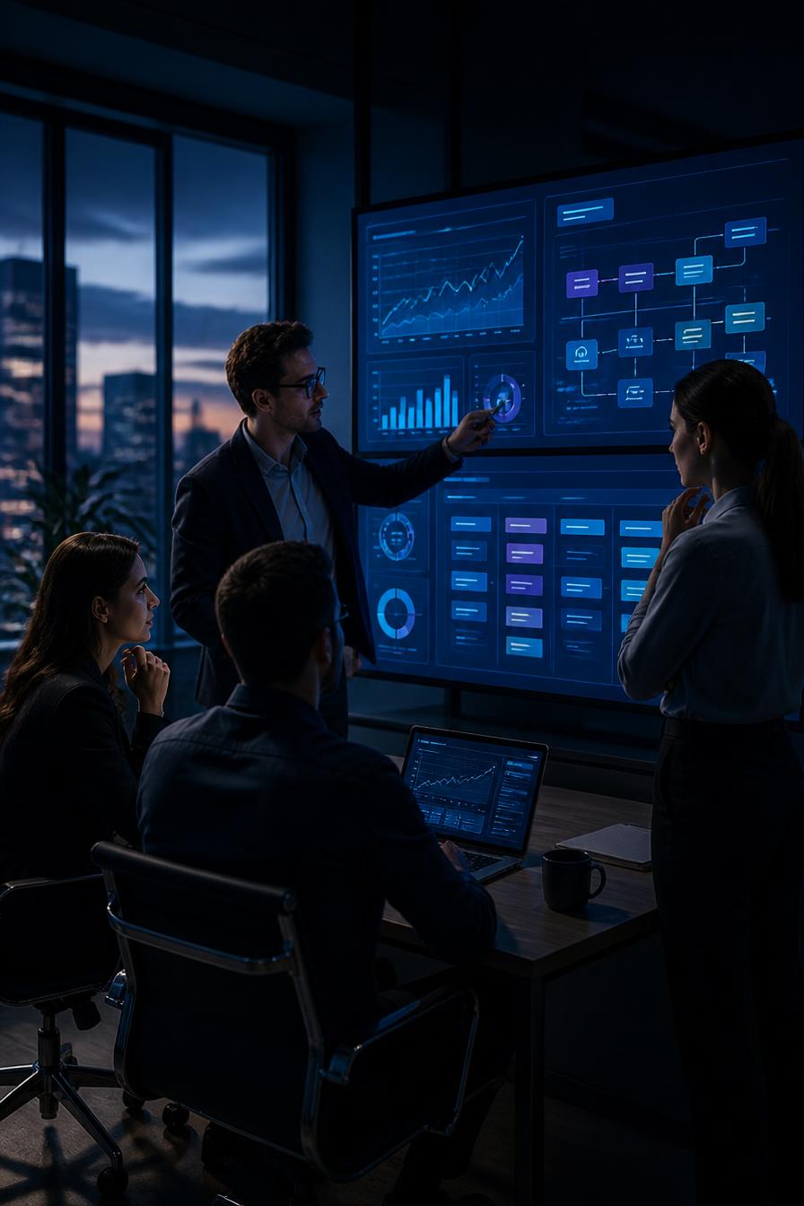 Business team reviewing operations dashboards and customer pipelines on large screens